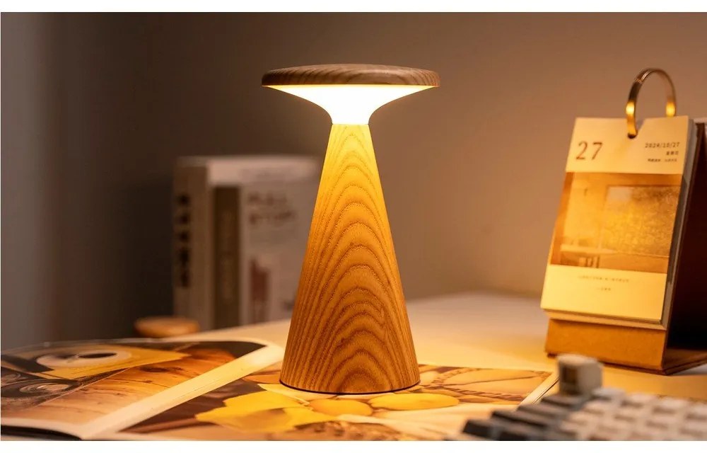 Lampa stołowa LED w naturalnym kolorze z drewnianym kloszem (wysokość 21 cm) Sylva – Gingko