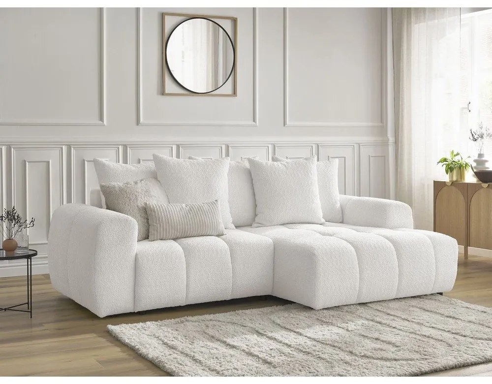 Biały rozkładany narożnik z materiału bouclé ze schowkiem (prawostronny/z szezlongiem) Roxelane – Bobochic Paris