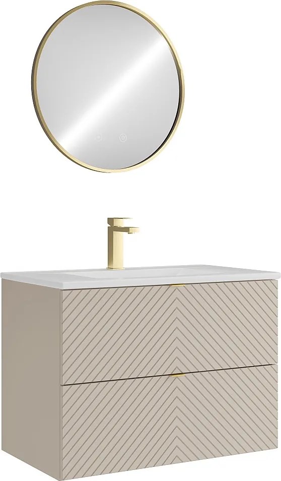 Szafka łazienkowa wisząca z wpuszczaną umywalką, baterią i lustrem – beż – 80 cm – DORIONI