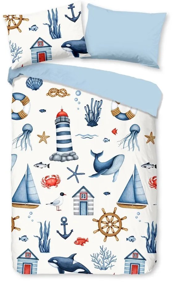 Niebieska/kremowa bawełniana pościel dziecięca do łóżeczka 100x135 cm Ahoy – Good Morning