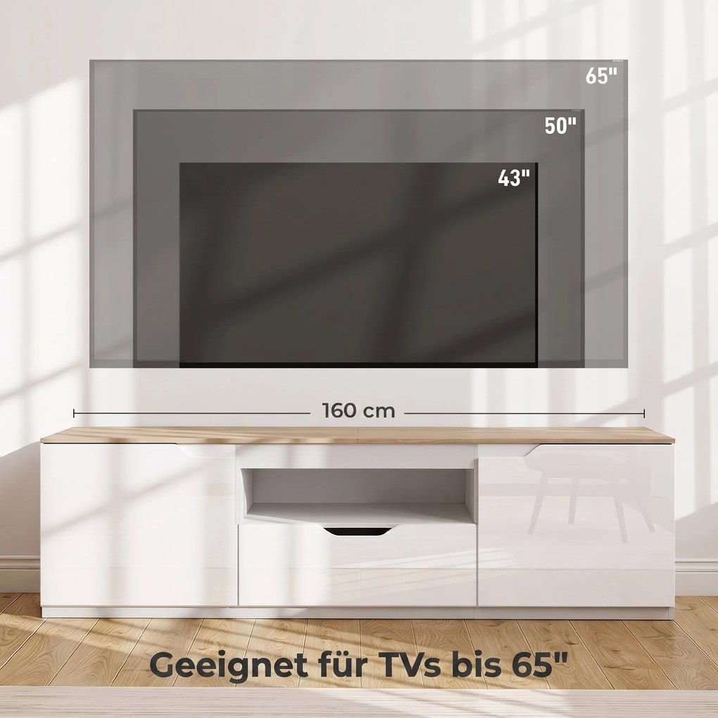 HOMCOM Lowboard TV, wysoki połysk, dla telewizorów do 165 cm, 3 schowki, szuflada, 160 x 38 x 43 cm, naturalne drewno | Aosom PL