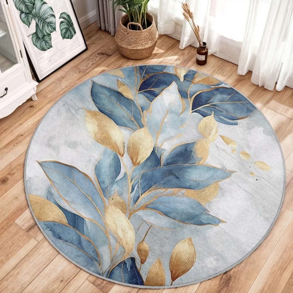 Okrągły dywan w niebiesko-złotym kolorze odpowiedni do prania ø 150 cm Golden Leaves – Mila Home