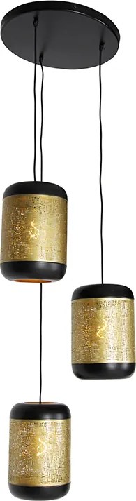 Wisząca lampa vintage czarna z mosiężnym kloszem okrągłym 3-światłowa - Kayleigh