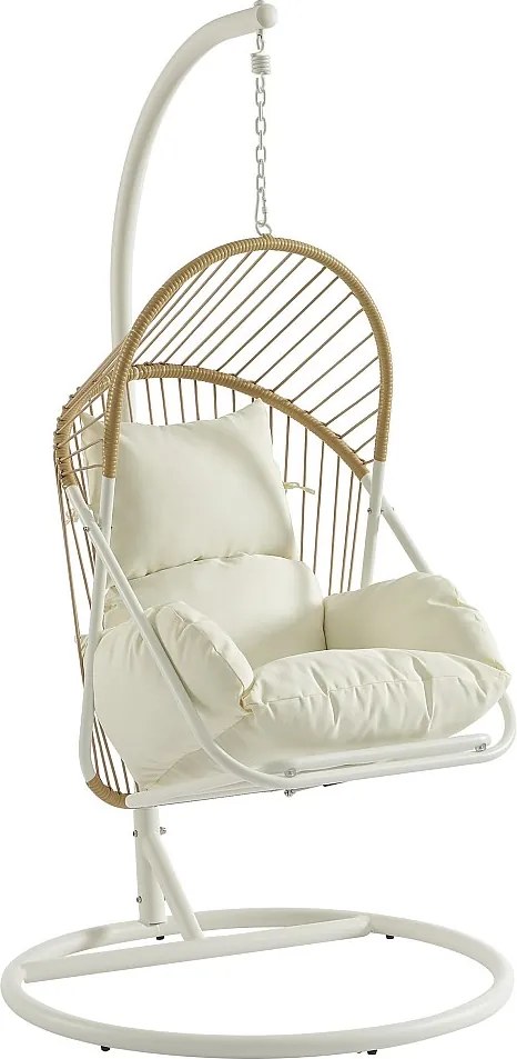 Wiszący fotel z plecionej żywicy - Jasny naturalny z białymi poduszkami - LUTUS od MYLIA