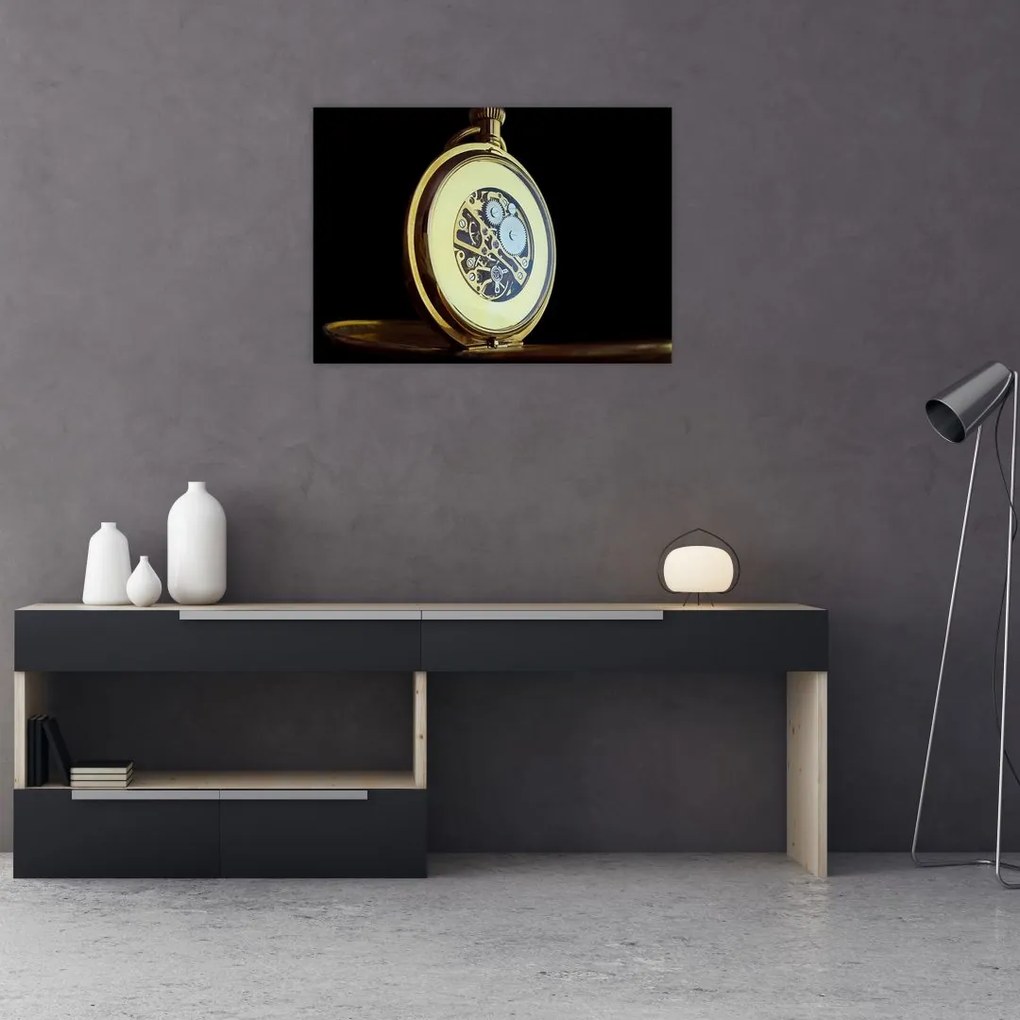 Obraz na szkle - złoty zegarek kieszonkowy (70x50 cm)