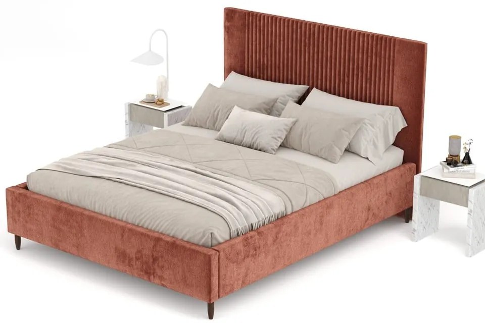 Ceglaste tapicerowane łóżko dwuosobowe ze schowkiem ze stelażem 160x200 cm Etero – Maison de Rêve