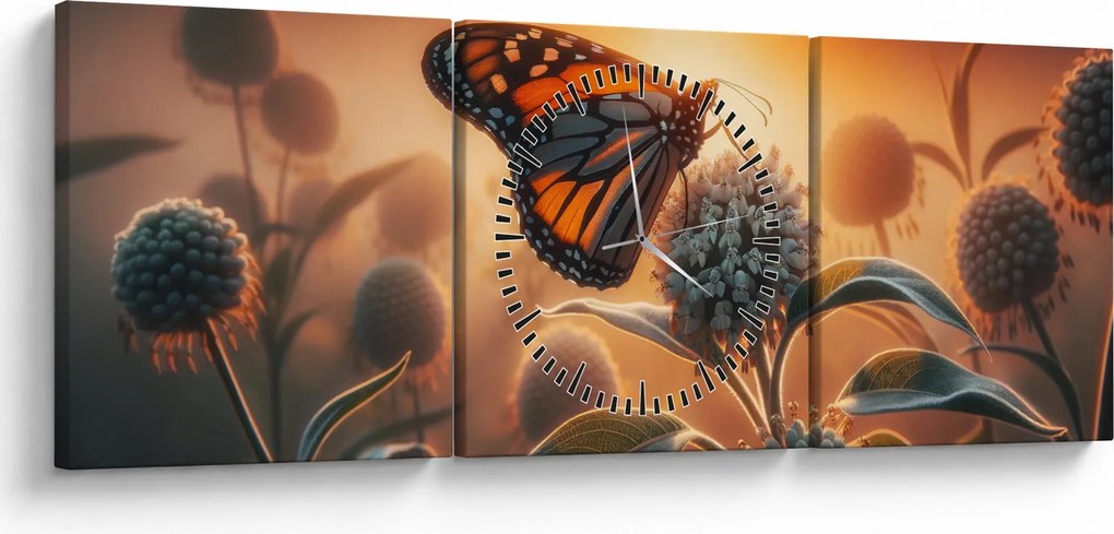 Obraz – Motyl w zachodzącym słońcu (z zegarem) (90x30 cm)