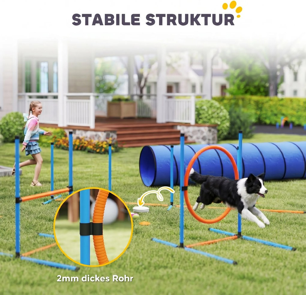 PawHut Zestaw treningowy Agility dla psów, 8-częściowy zestaw z tunelem, tyczkami slalomu, regulowanymi przeszkodami, obręczą do skoków, miską | Aosom PL