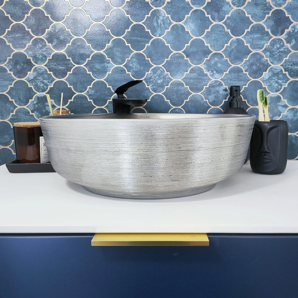 Umywalka ceramiczna nablatowa okrągła srebrna matowa ryflowana 42 cm MAVA SILVER cienki rant