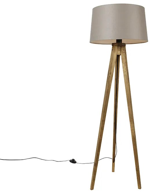 Rustykalna lampa stojąca na trójnogu z vintage'owego drewna z abażurem z lnu w kolorze taupe 45 cm - Tripod Classic Rustykalny / Vintage Oswietlenie wewnetrzne