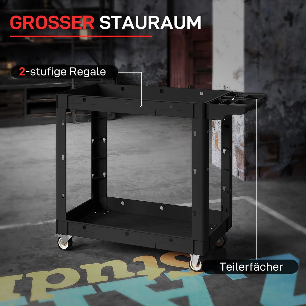 HOMCOM Wózek narzędziowy z 2-poziomowymi półkami, uchwyt, koła, Plastik, Czarny