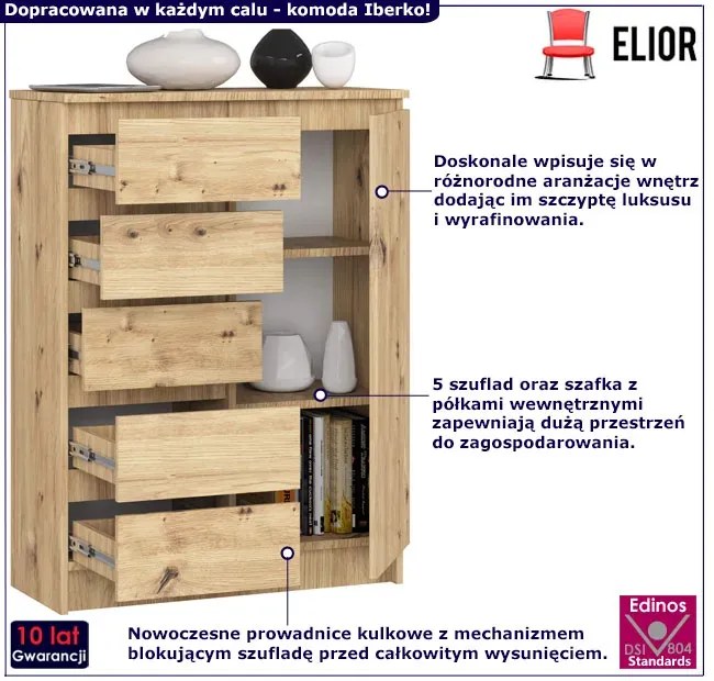 Komoda z 5 szufladami i półkami dąb artisan - Werta