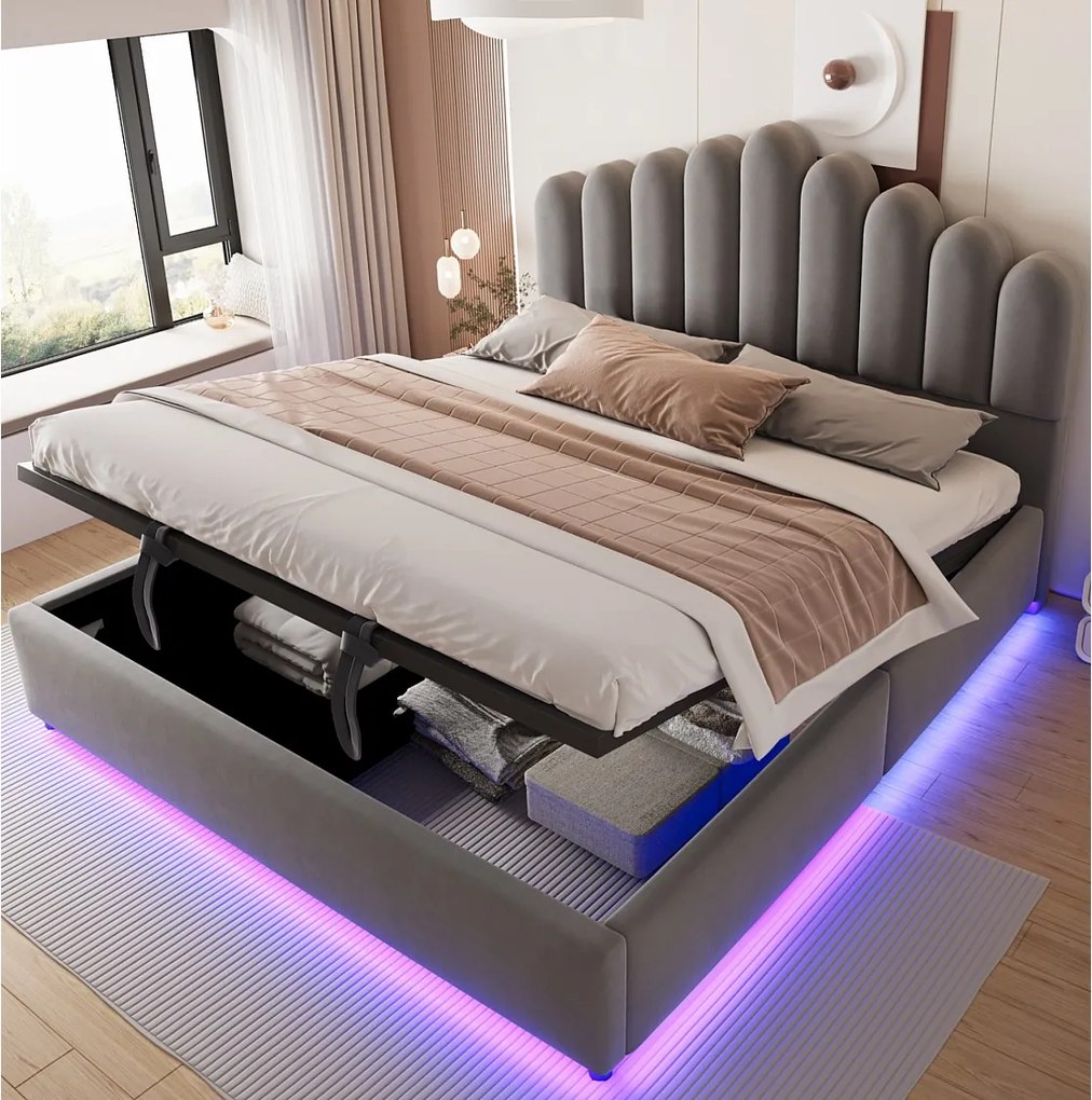Łóżko z pojemnikiem 180x200 cm szare z aksamitu, oświetlenie LED, hydrauliczny system magazynowania, bez materaca