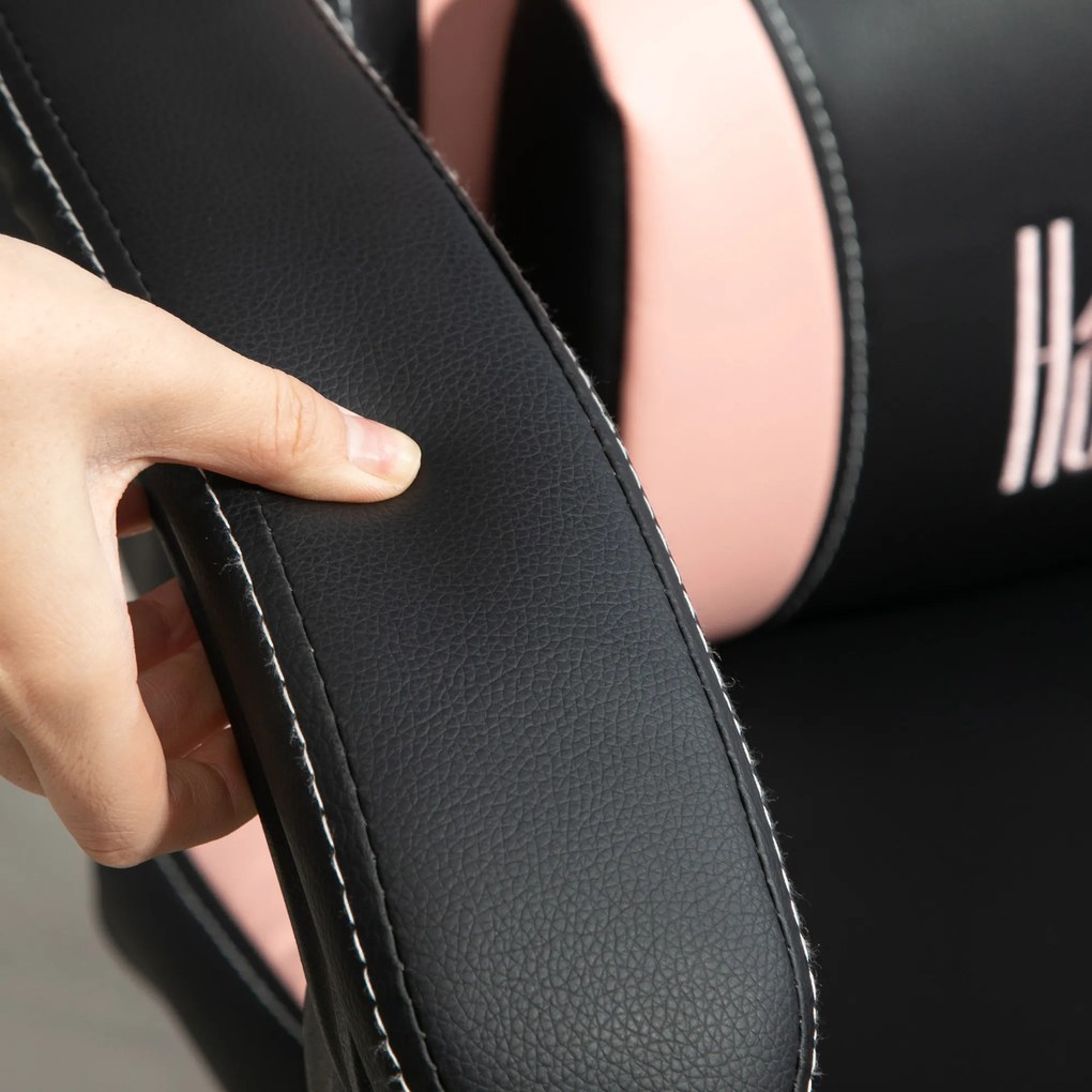 HOMCOM Fotel gamingowy z uszami kota, odchylane oparcie, wysuwany podnóżek, do 120 kg, Różowy/Czarny | Aosom PL