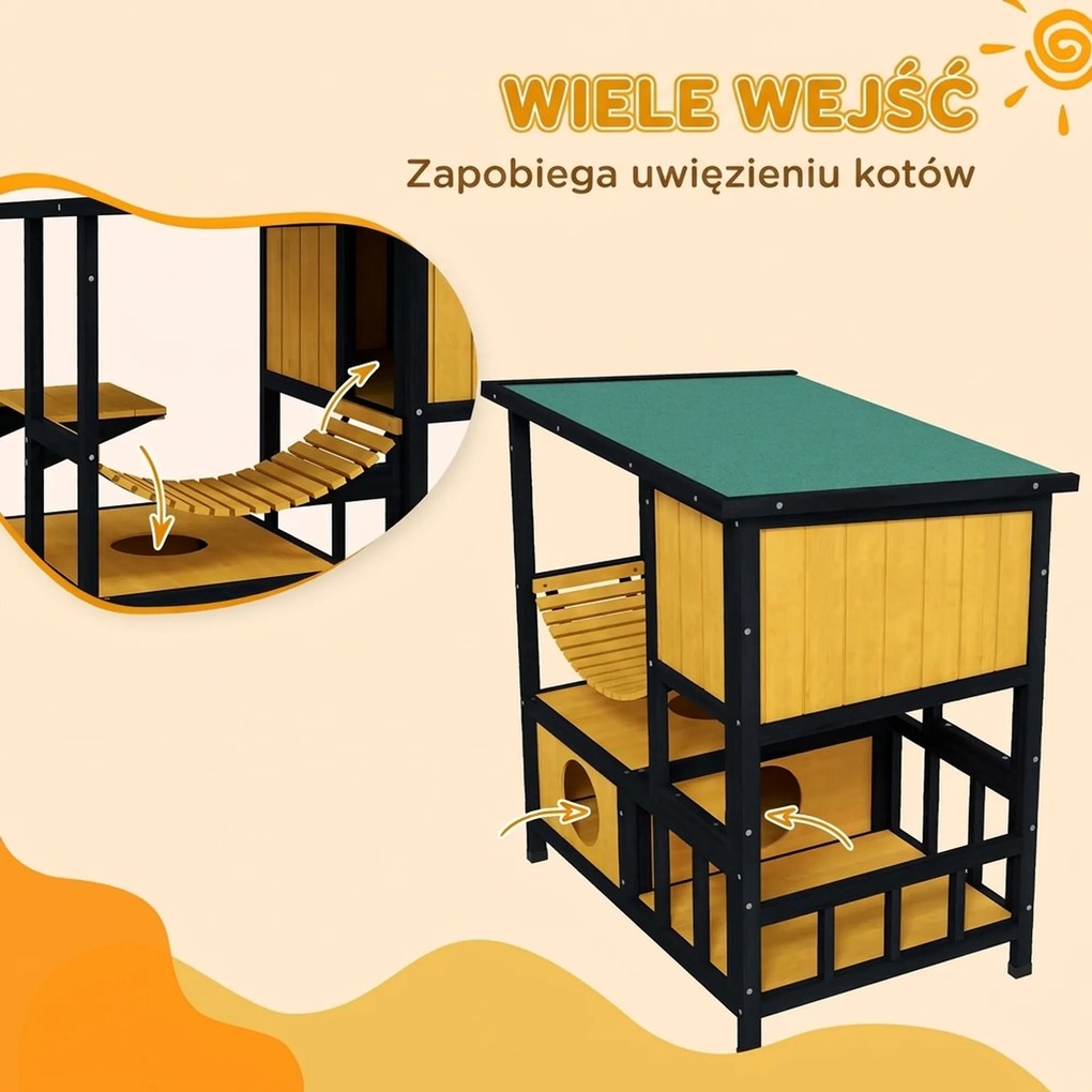 PawHut Dom dla Kotów Kocia Jama, odporny na warunki atmosferyczne, 1 rampa, 1 platforma, 84,5 x 60 x 88 cm, Zielony + Naturalny