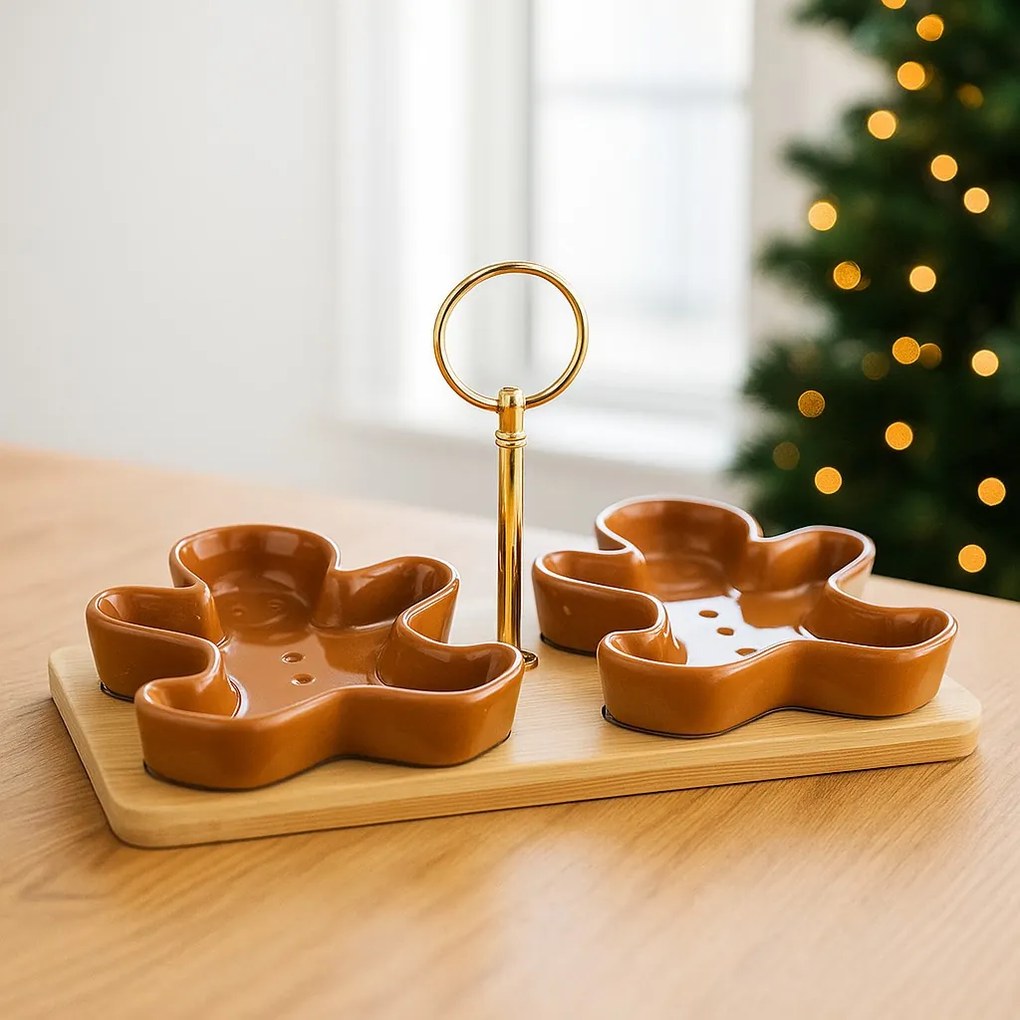 Miseczki na przekąski na bambusowej desce ZIMORA pierniczki, 3 elementy