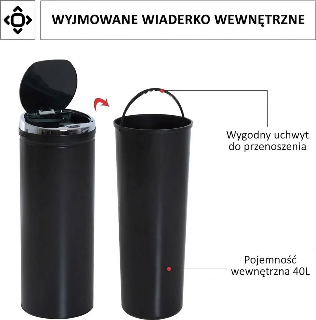 HOMCOM kosz na śmieci automatyczny z czujnikiem ruchu stal nierdzewna czarny nowoczesny design do kuchni | Aosom PL