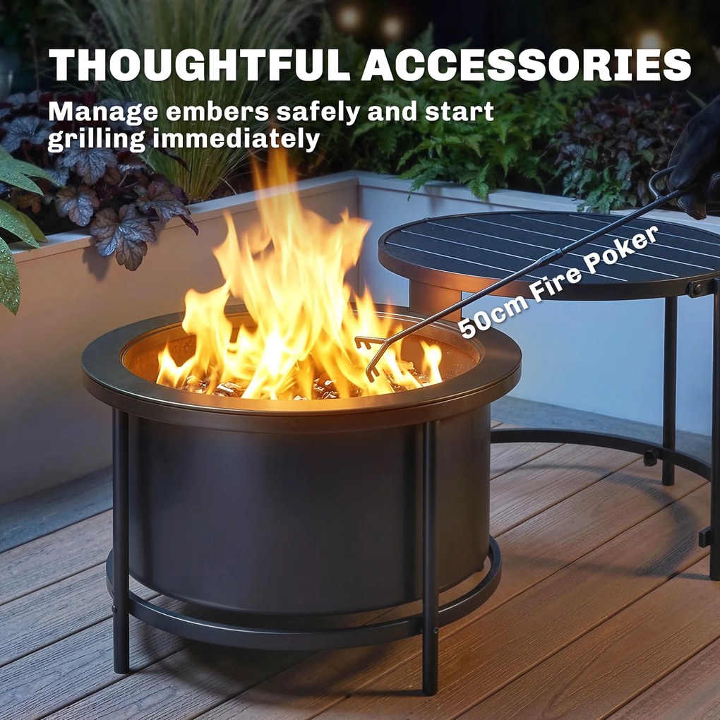 Outsunny Palenisko 66 x 63 x 41 cm Okrągłe miejsce na ognisko z rusztem, pogrzebaczem, pokrywą, stojakiem, czarne | Aosom PL