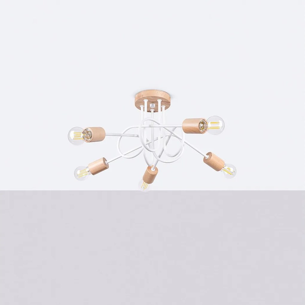 Żyrandol minimalistyczny Sparkon, stal/drewno - 5 źródło światła 4000K - L.15 x H.26 cm - biały/naturalne drewno