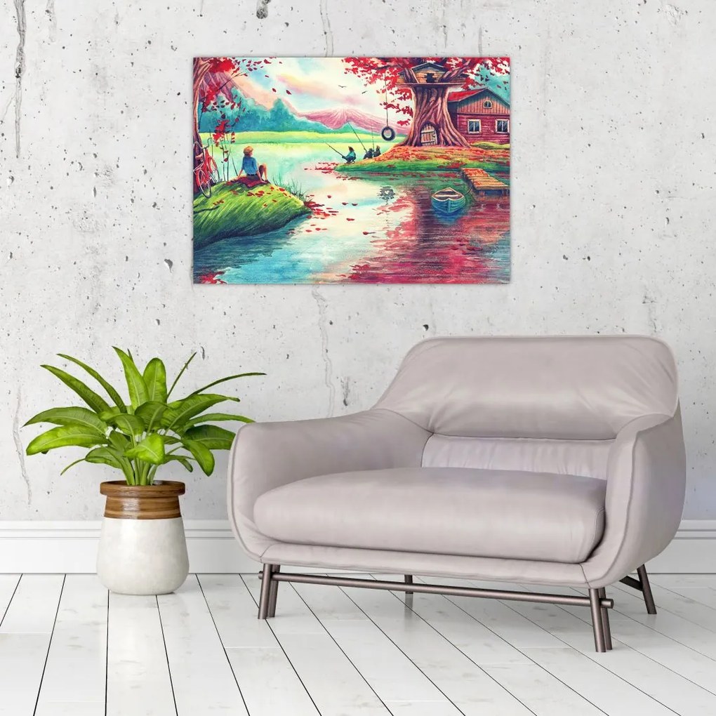 Obraz na szkle - Akwarela, Bay in a mountain village (70x50 cm)