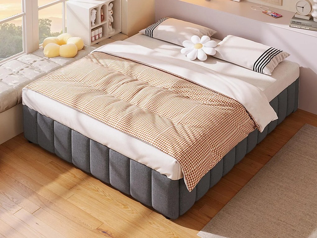 Łóżko z pikowanym materacem lnianym - 140x200 cm - bez wezgłowia - Szare