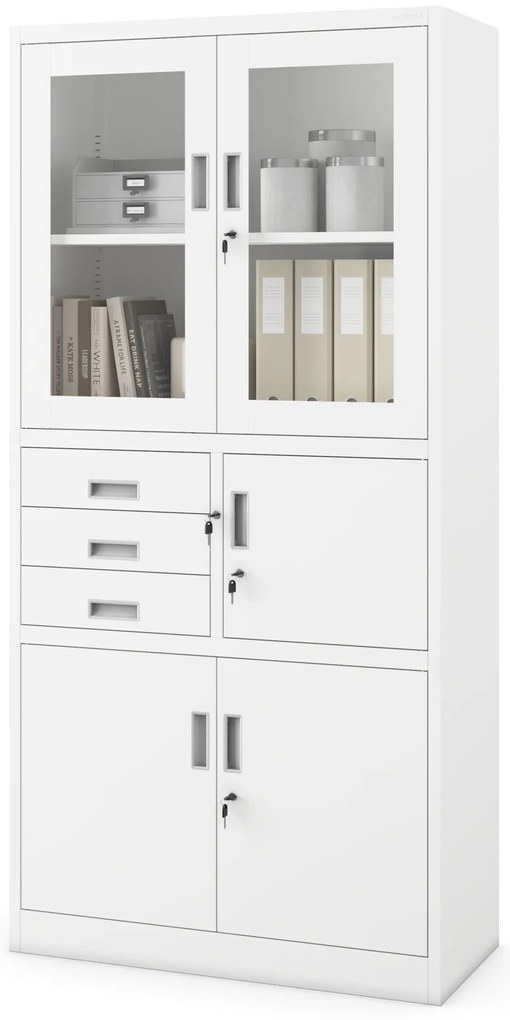 Szafa biurowa metalowa z sejfem, szklane drzwi, biała, 900x1850x400 mm: FILIP