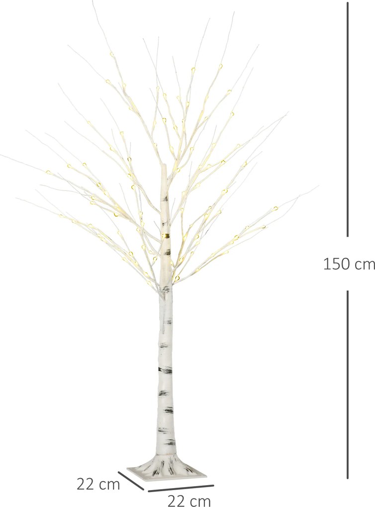 HOMCOM Sztuczna Brzoza z LEDami, Elastyczne Gałęzie, Plastik i Metal, 150 cm, Biały