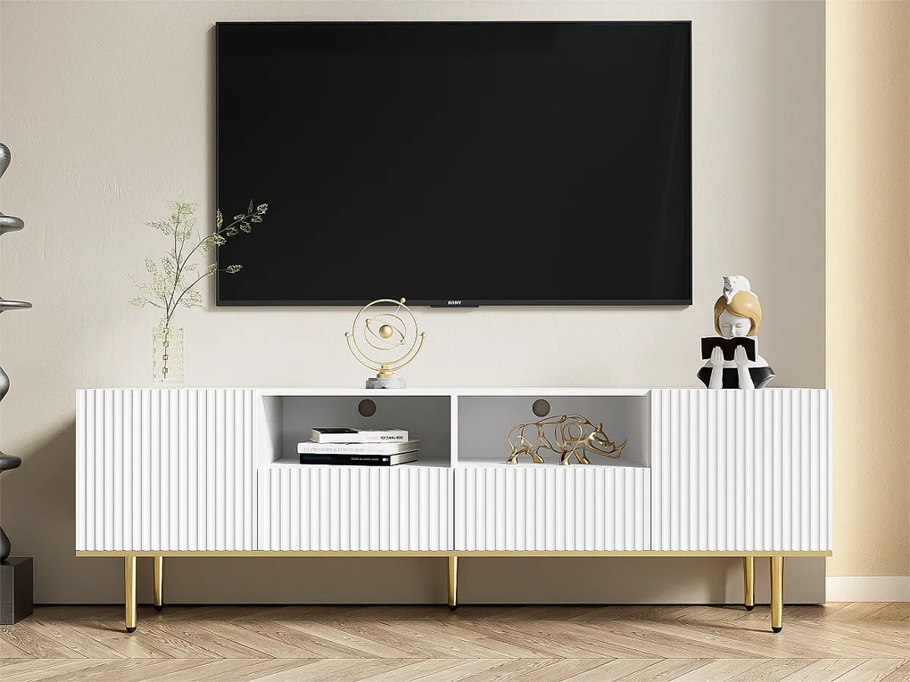 Nowoczesny mebel TV - z 2 drzwiami i 2 szufladami - metalowe nogi - Biały