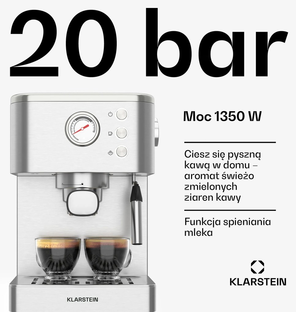 Klarstein SteelPresso ekspres do kawy kolbowy, kompaktowy, 20 bar