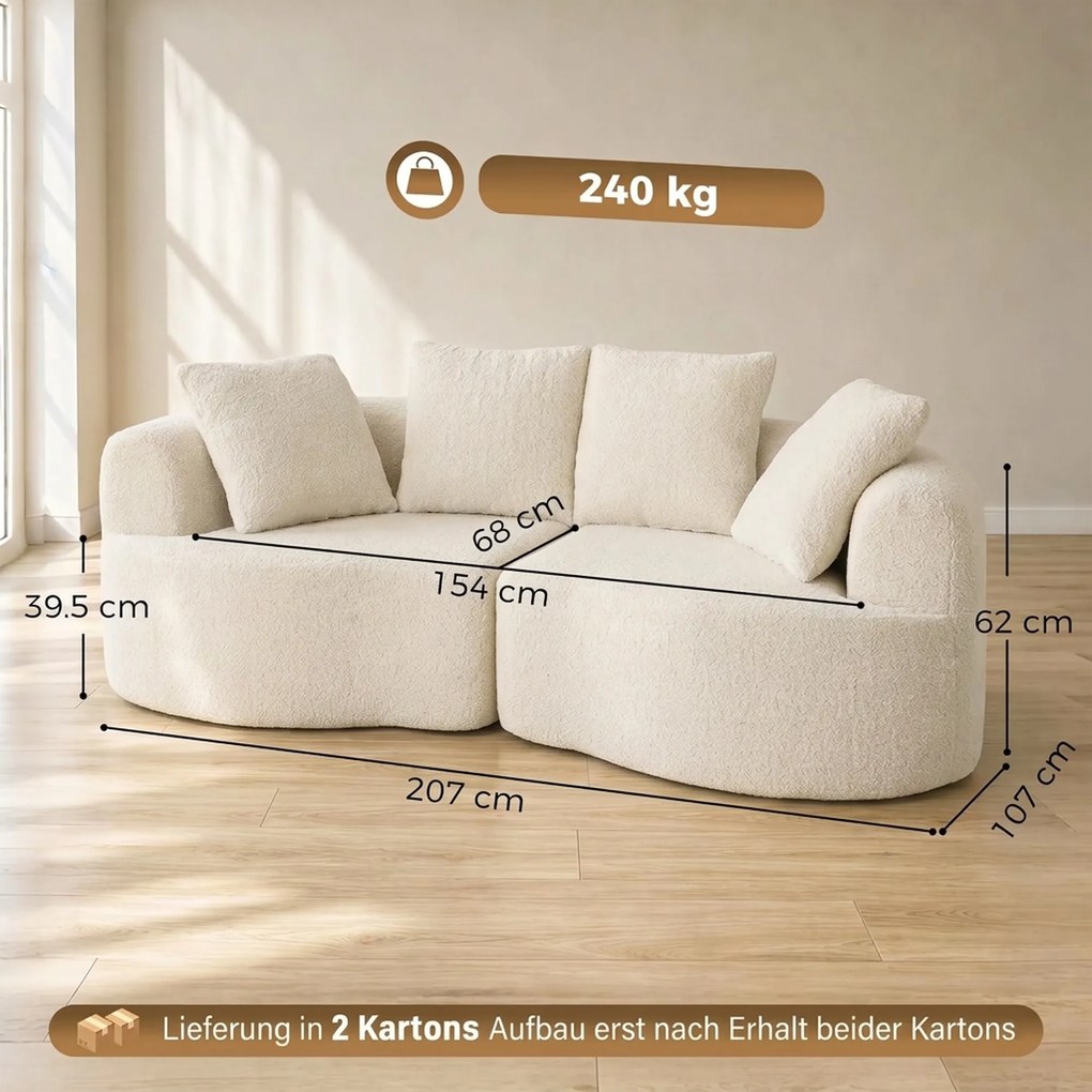HOMCOM Sofa 3-osobowa 207 cm Cloud Sofa z efektem chenille, 4 poduszki dekoracyjne do sypialni, montaż bez narzędzi, kremowo-biała | Aosom PL