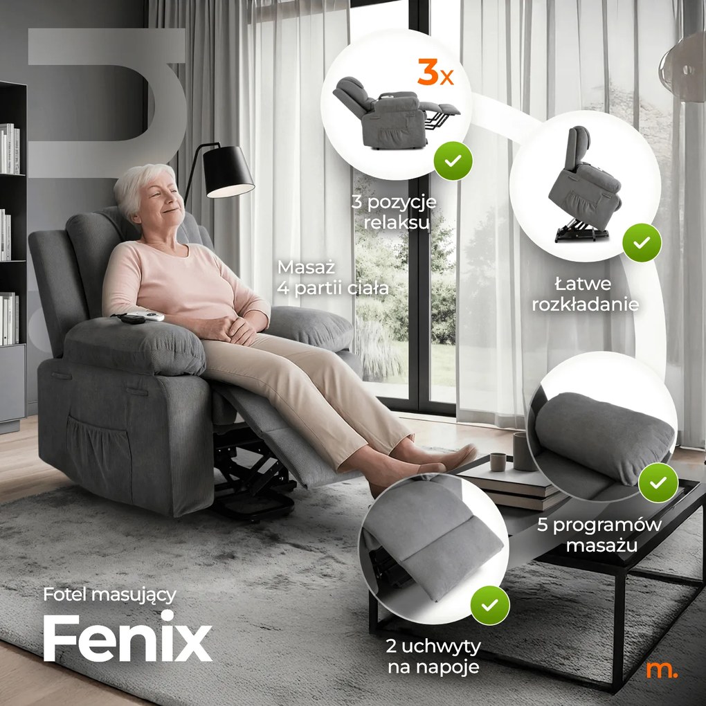 Fotel Masujący FENIX z Funkcją Wstawania Elektrycznie Rozkładany Szary Nowoczesny