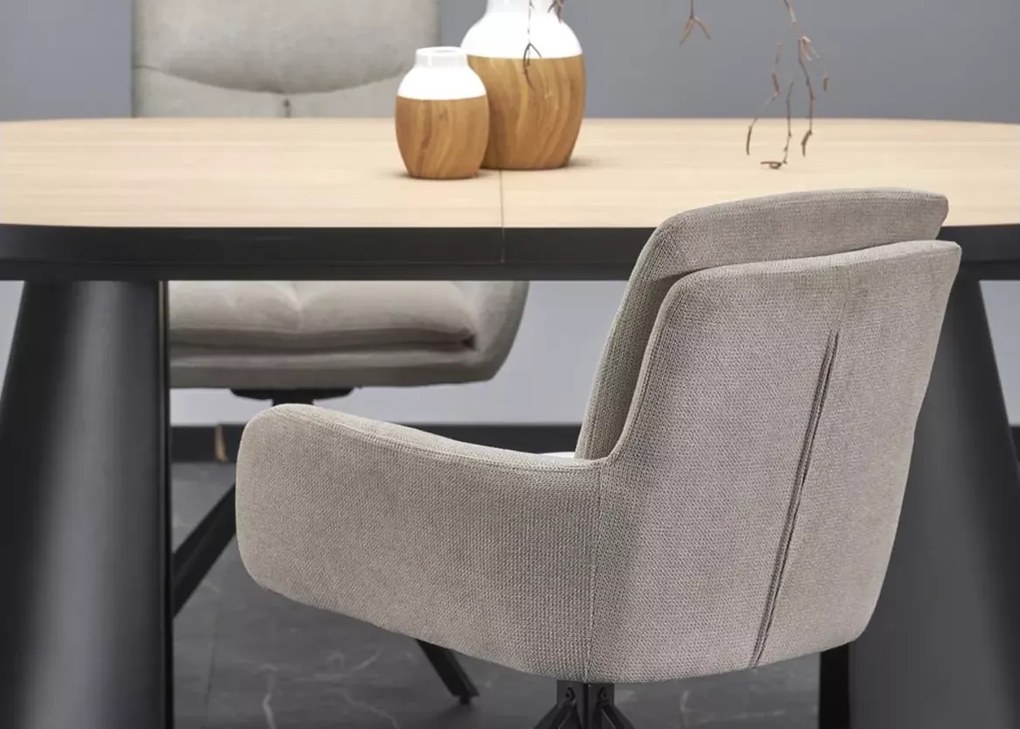 Nowoczesny rozkładany stół owalny Heksagon 180-230/100 cm z blatem MDF w kolorze dębu na czarnych metalowych nogach