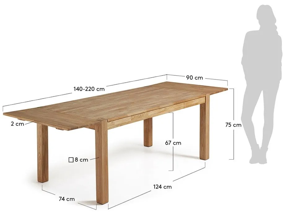 Rozkładany stół do jadalni z drewna dębowego Kave Home, 140 x 90 cm