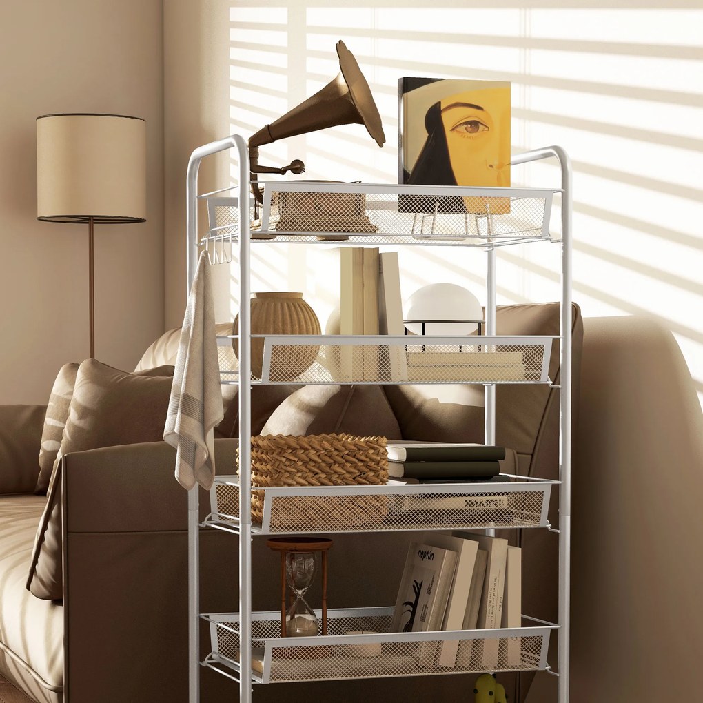 HOMCOM Kuchenny wózek z 5 drucianymi koszami, 4 haczykami, 4 kółkami i 2 uchwytami, stal/plastik, 45x26,5x106 cm, biały | Aosom PL