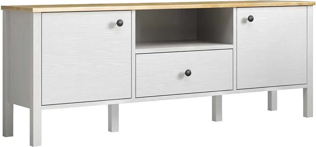 Stojak pod telewizor – 150 cm x 58 cm x 35 cm – Biały i drewniany – Płyta wiórowa pokryta melaminą