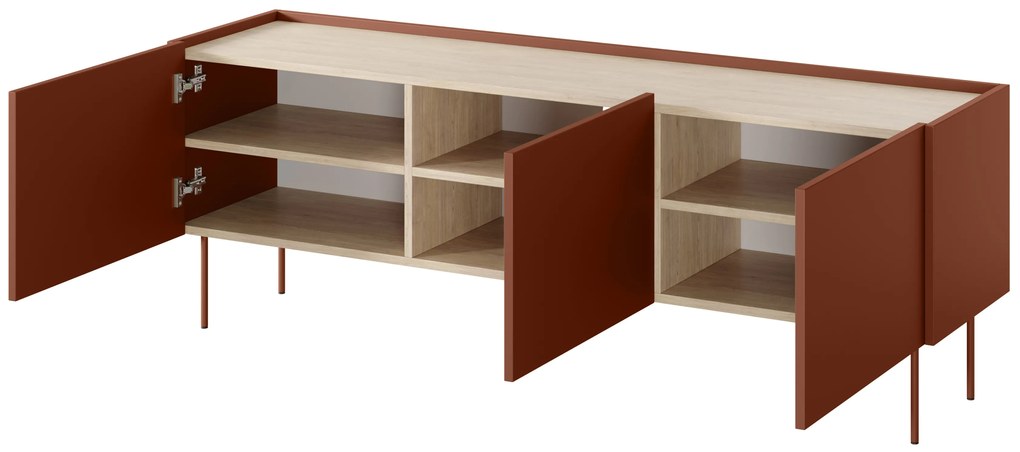 Szafka RTV Desin 170 cm z metalowymi nogami - ceramic red / dąb nagano