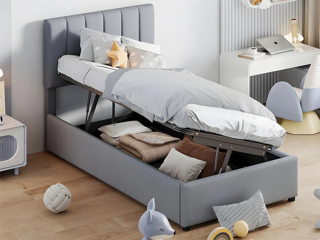 Łóżko z tapicerowanym materacem z lnu - 90x200cm - Szare