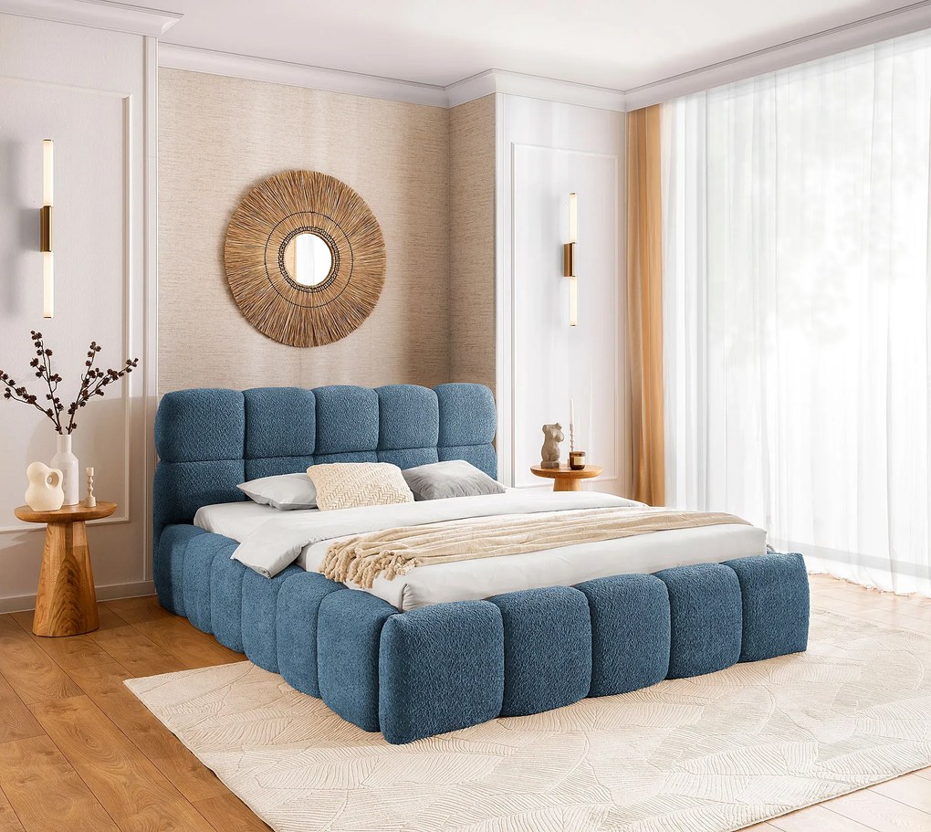 Niebieskie łóżko tapicerowane boucle 5 rozmiarów H8-D36