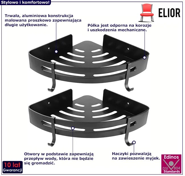 Zestaw dwóch czarnych półek pod prysznic Dibella