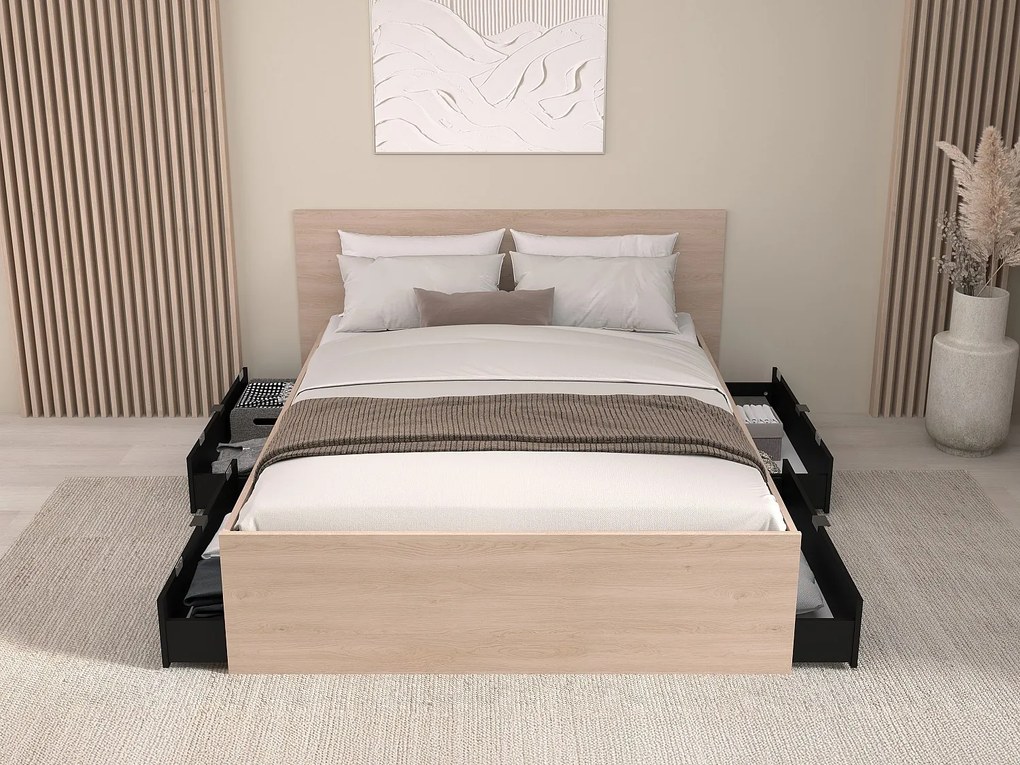 Łóżko z 4 szufladami 140 x 190 cm - Kolor: Naturalny i czarny + Stelaż - VELONA
