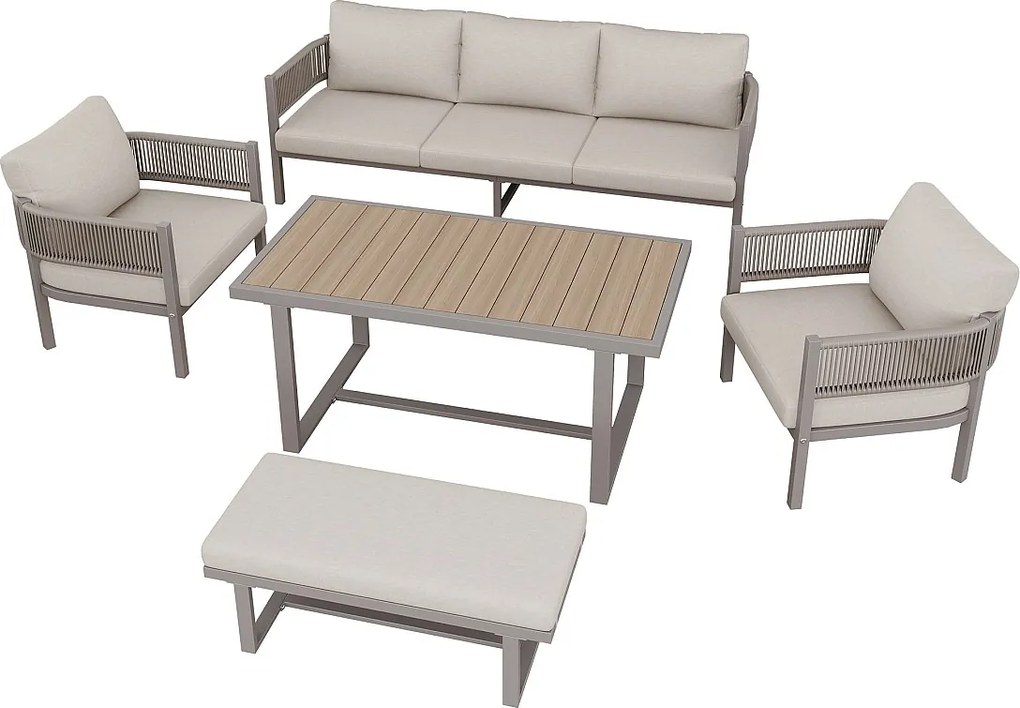 Zestaw mebli ogrodowych - 1 sofa 3-osobowa, 2 fotele, 1 ławka i 1 stół jadalny - Stal ocynkowana - Beżowa