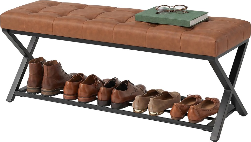 HOMCOM Ławka na buty, ławka do przedpokoju z ekoskórzaną poduszką, 112 x 37 x 47 cm, brązowa | Aosom PL