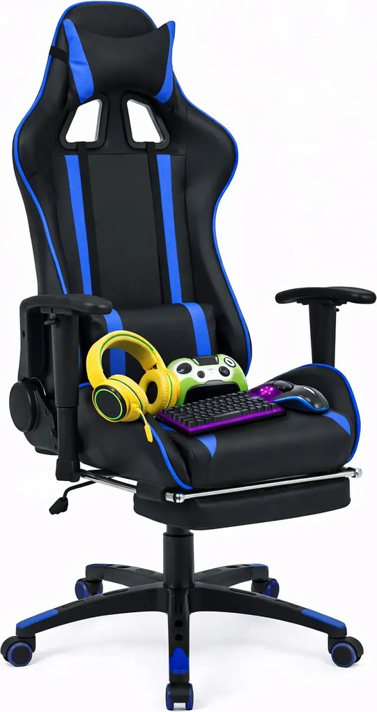 Czarno-niebieski gamingowy fotel z podnóżkiem Z1-Z74