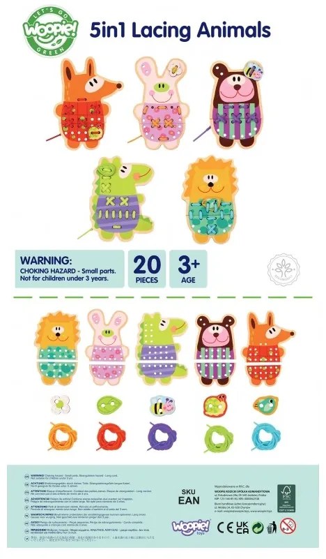 Woopie green drewniana sznurowanka 5w1 zwierzątka do nawlekania