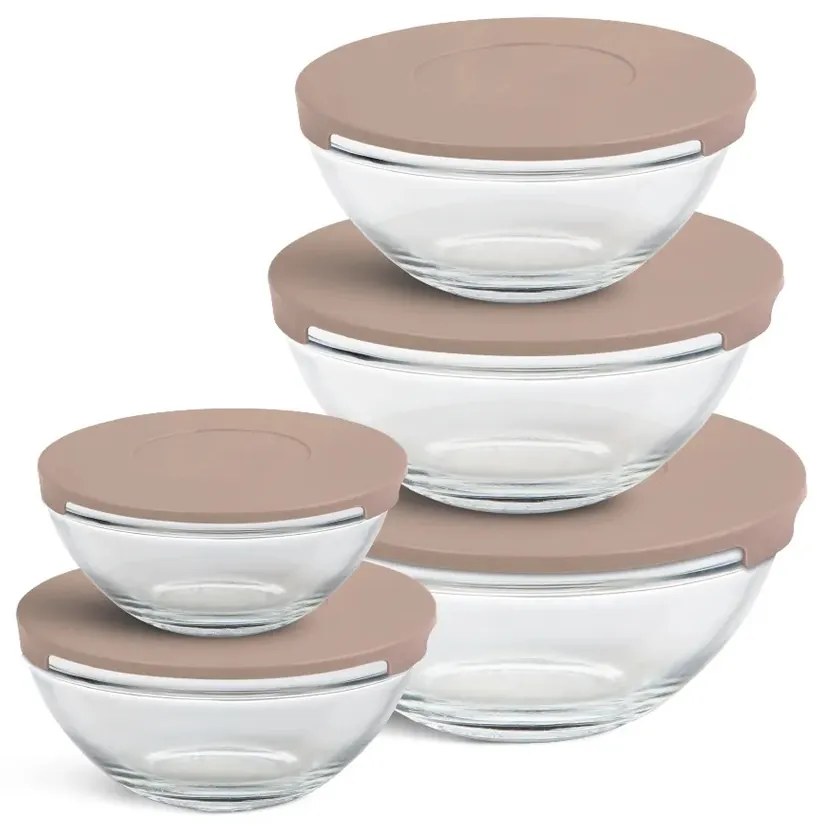 Altom Zestaw szklanych misek z pokrywką, beżowy, 5 szt.