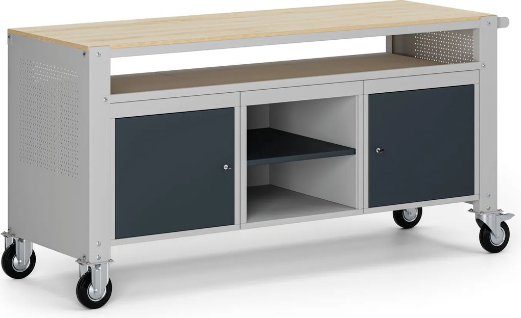 Mobilny stół warsztatowy G9, 2 półki, 1 szafka, 3 szuflady, 1690 x 595 x 865-1130 mm, szary/grafitowy