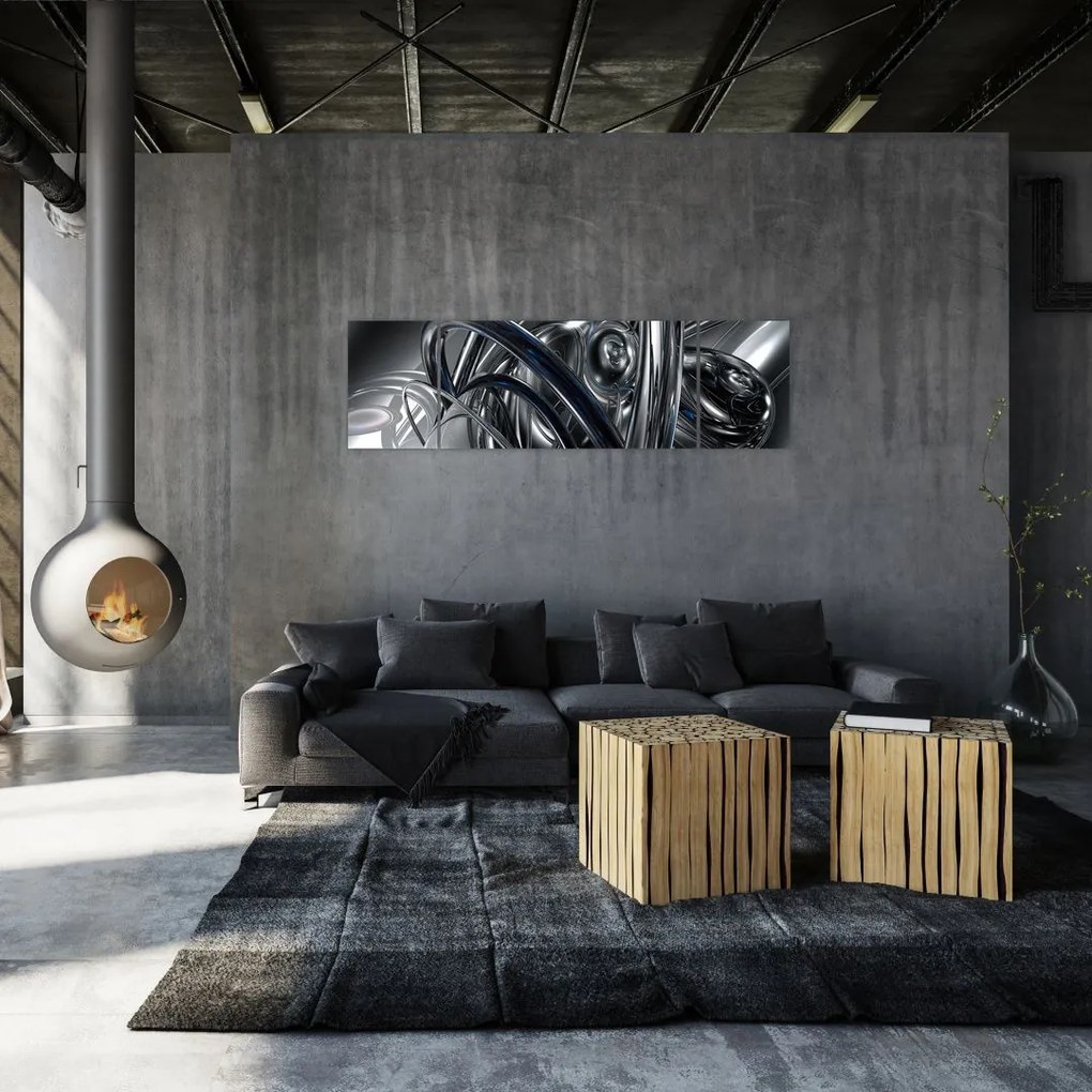 Obraz szarej abstrakcji z niebieskim (170x50 cm)