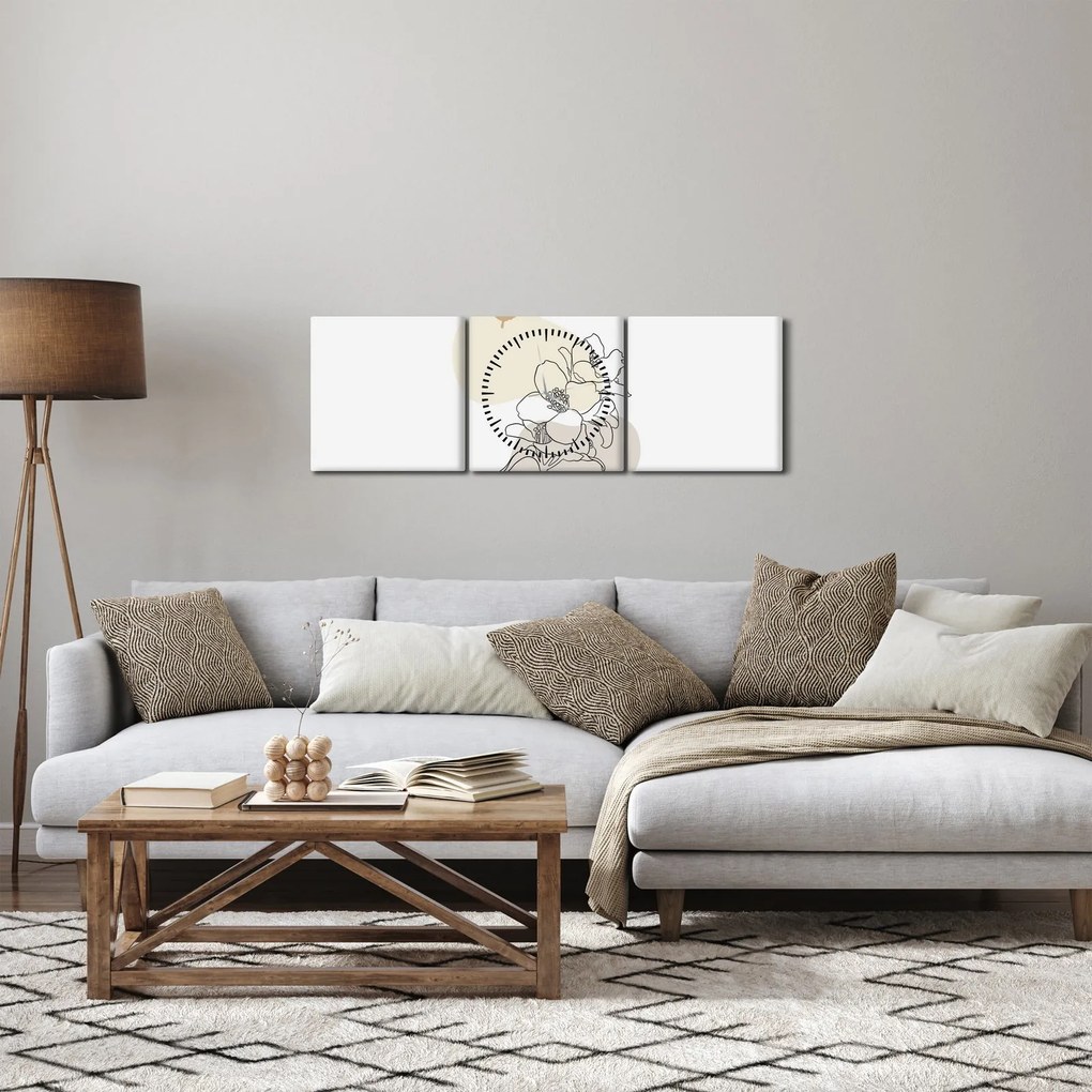 Obraz - Beżowe kwiaty z motylem N⁰3 (z zegarem) (90x30 cm)