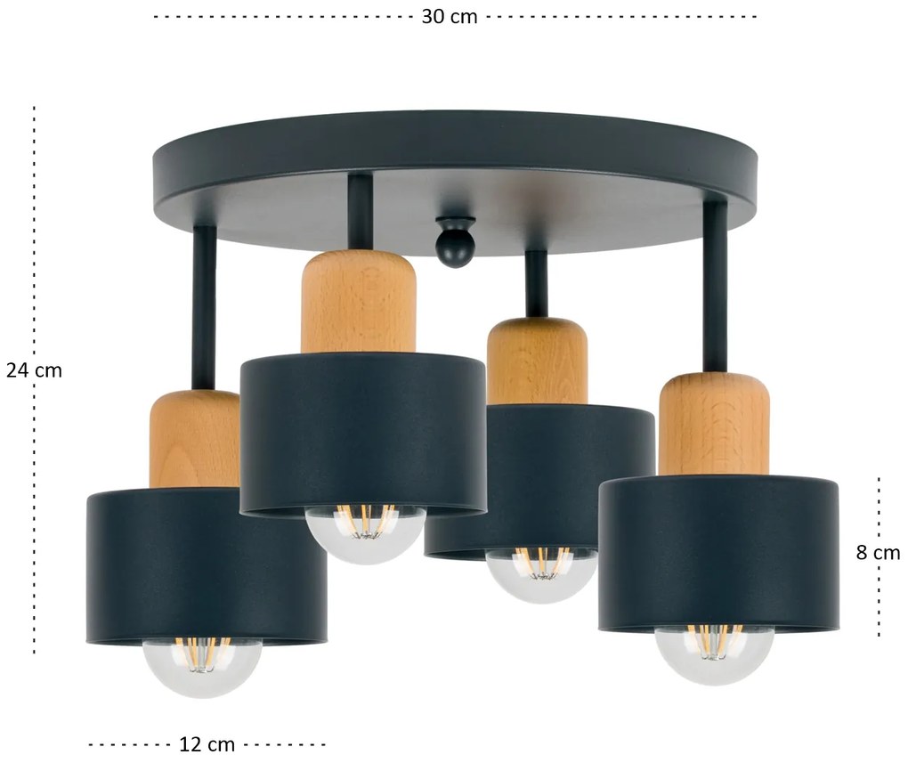 Antracytowa lampa sufitowa, czteropunktowy spot D4BU3030AN z drewna i