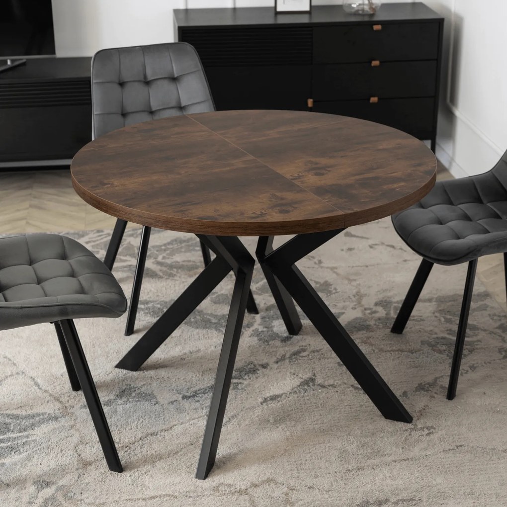 Zestaw Stół Okrągły Rozkładany LUKAS 100-250 cm Dąb Rustykalny/Czarny i 4 Krzesła Tapicerowane RICK Szare Welurowe Nowoczesne